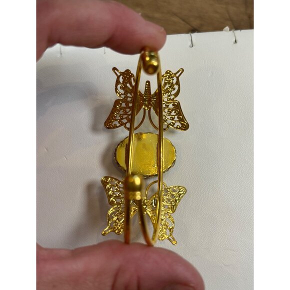 Gold Butterfly Cuff Bracelet With Green Stone Centerpiece Handmade Adjustable Je - Picture 8 of 10
